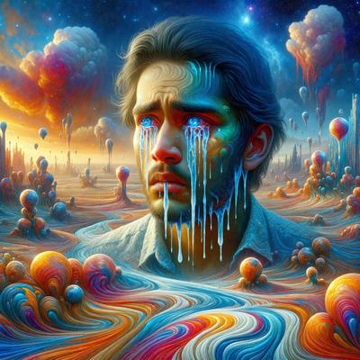 The primary subject of the image is a man with a tear in his eye, surrounded by a vibrant and colorful environment. The setting includes a field of clouds and a sky filled with stars, creating a surreal and dreamlike atmosphere. The visual style of the image is digital art, with the man's face and the surrounding elements depicted in a vivid and artistic manner. The colors and mood of the image are predominantly bright and lively, with the man's emotions and the surrounding environment